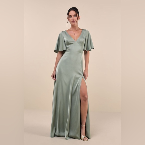LULU’S Elegant Confidence Sage Satin Flutter Sleeve Cutout Maxi Dress - Picture 2 of 9